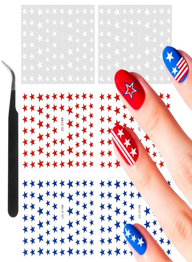 Allstarry Red White and Blue Star Stickers, 6 Sheets 4th of July Nail Stickers, Self-Adhesive Patriotic Nail Stickers Stars Nail Decals Small Star Nail Art Sticker for Womens 4th of July Accessories - Image 1